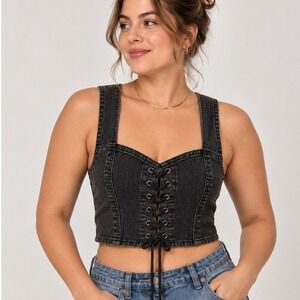 Forever 21 Black Denim Lace Up Corset Crop Top Washed Medium Sleeveless Bustier